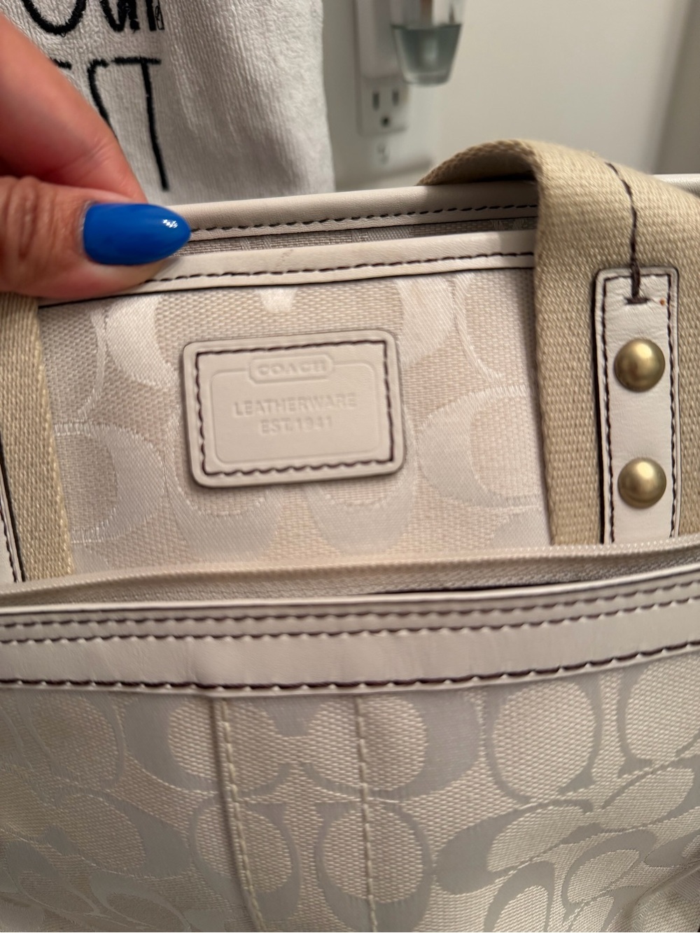 COACH Cream and Beige Signature Canvas Tote with Leather Charm - Picture 12 of 16